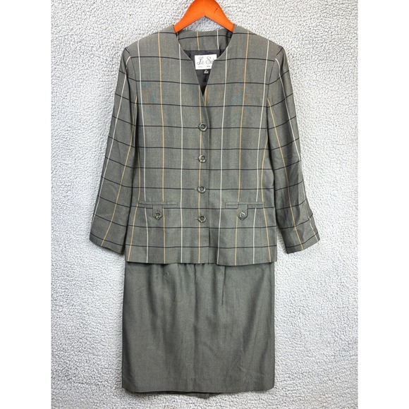Le Suit Dresses & Skirts - Le Suit Windowpane Plaid Skirt Suit Set Womens 10 Grey Vintage Office Tailored